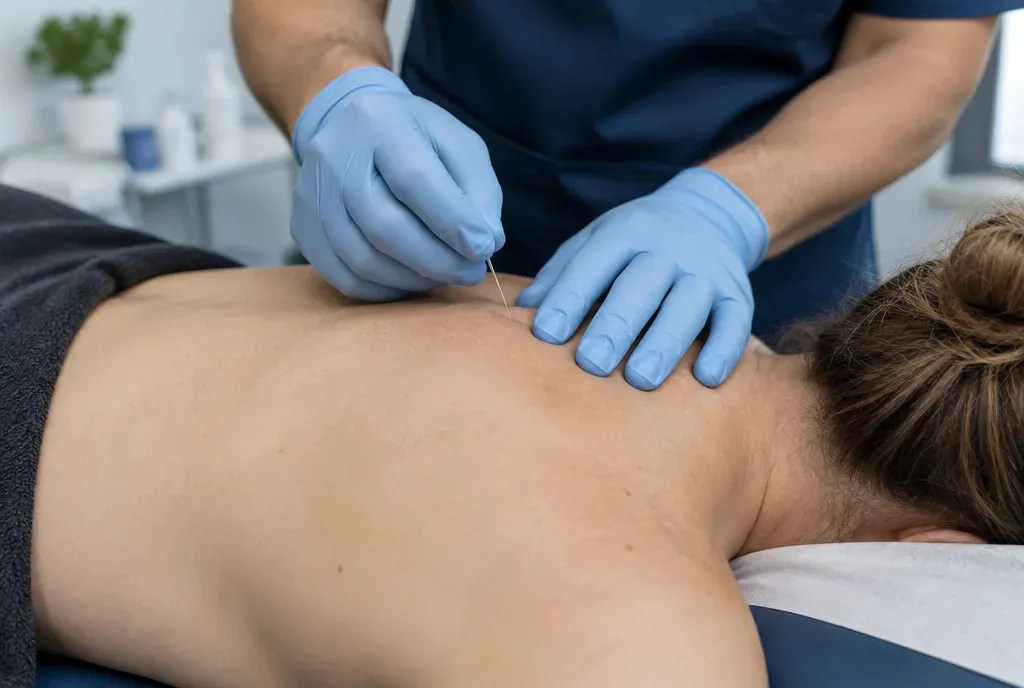 Fysiotherapeut met handschoenen behandelt een schouderspier met dry needling