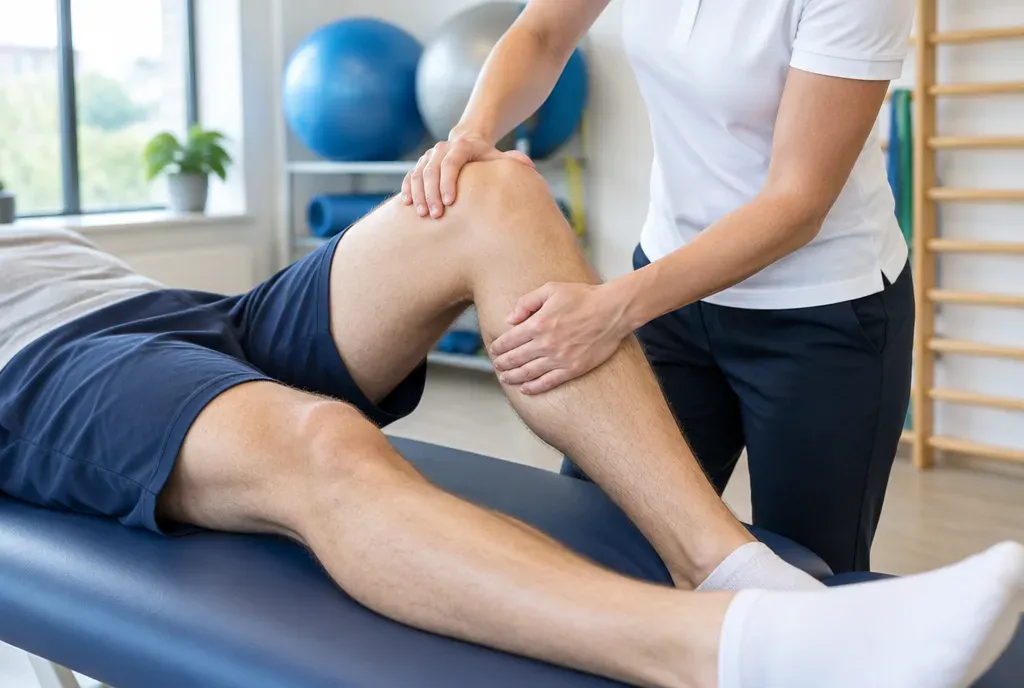Fysiotherapeut onderzoekt de knie van een patiënt op de behandeltafel